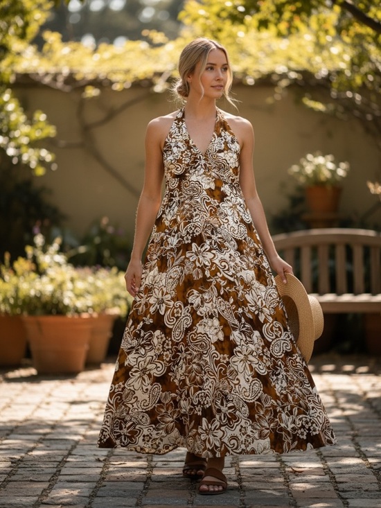 Express Dresses & Skirts - EXPRESS Brown Floral Tropical Halter Maxi Dress Resortwear Vacation